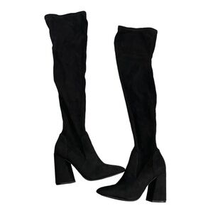 ASOS Black Suede Thigh High Boots Over-the-Knee Boots Block Heel Side Zipper